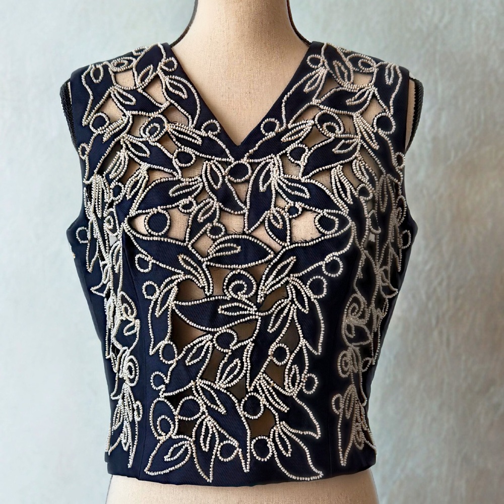 Vintage 1950s Elegant Blue and White Beaded Women's Top